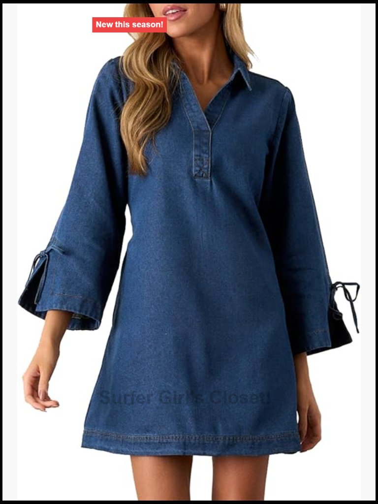 Denim A-Line Mini Dress With Bow Back And Long Sleeves
